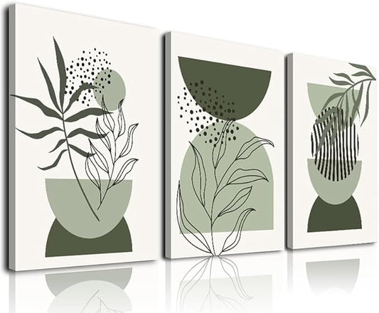 KBKBART Boho Wall Art Prints Set of 3, Neutral Abstract Geometric Canvas Artwork for Bedroom, Bathroom, Living Room, Office, 12"x16"
