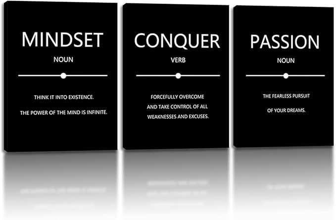 Unbruvo Motivational Wall Decor for Office, 3 Pieces Inspirational Canvas Wall Art, Mindset Passion Conquer Canvas Poster, Positive Quotes for Entrepreneur Meeting Room Lobby Bedroom(72''Wx 36''H)