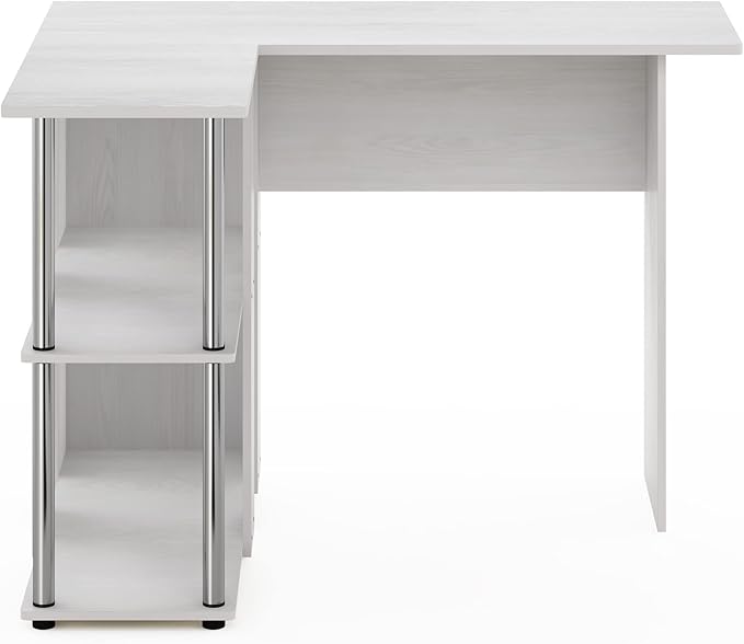 Furinno Abbott L-Shape Desk with Bookshelf, White Oak/Chrome