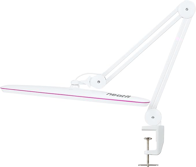 Neatfi XL 2,200 Lumens 24W LED Desk Lamp – 23” Wide Shade | Dimmable Eye-Caring Task Light | Adjustable Arm | Home Office, Study, Crafts & Nail Tech (White with Pink Ring, Non-CCT with Clamp)