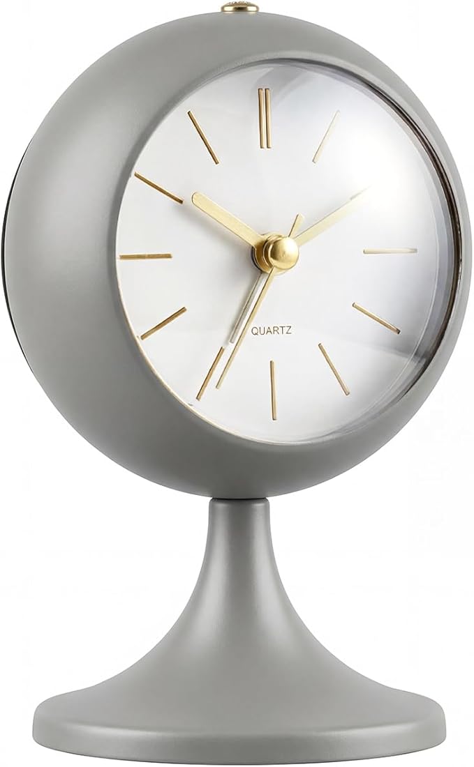 Analog Alarm Clock, Mid-Century Modern Desk Clock, Silent Non-Ticking Quartz Table Clock with Gold Hands, Battery Operated Decorative Clock for Bedroom, Office, Living Room (Grey)