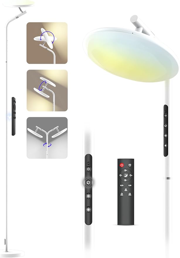 LED Floor Lamp, 36W Super Bright Standing Lamp with Remote & Touch Control, 69" Stepless Dimmable Torchiere Tall Lamp, 350° Rotating Head Floor Lamp for Bedroom, Living Room, Office, White
