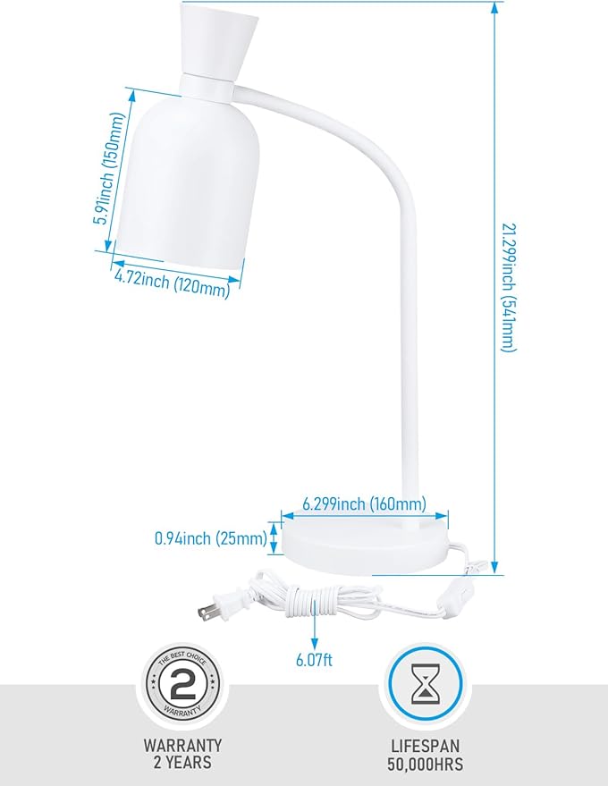 TORCHSTAR Metal Desk Lamp Aesthetic, Vase Shape Design, E26 Base, Max 60W Modern Goose Neck Task Desk Lamp with On/Off Switch, White, for Bedroom, Nightstand, Home Office, Bulb Not Included