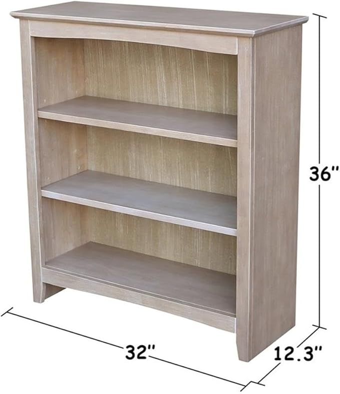 IC International Concepts, Shaker Solid Wood Bookcase, 2 Adjustable Shelves, Solid Real Wood, Sturdy Parawood, Spacious Dimensions 36"H x 28.85"W x 9.84"D, 40 LBS/ Shelf Capacity, Washed Gray Taupe