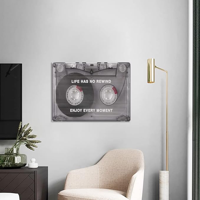 Life Has No Rewind Enjoy Every Moment-Inspirational Office Wall Decor Canvas Art Audio Cassette Framed Art Vintage Cassette Canvas Wall Art Motivational Gift Wooden Framed Ready to Hang-24x18 inches