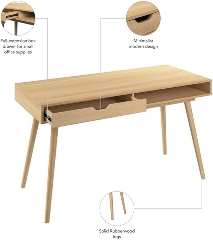 Bush Home Nora 54W Writing Desk with Storage in Natural Oak | Large Wooden Computer Table for Home Office, Study Room, or Entryway