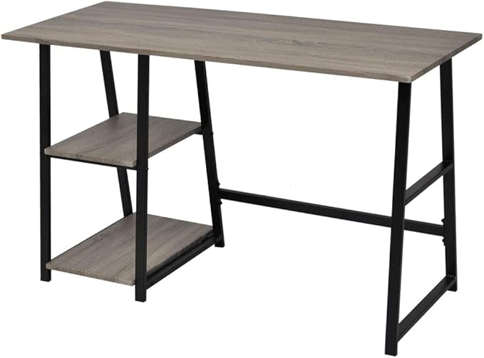 Writing Table Computer Desk, Home Office Study Desk with 2-Tier Shelves, Industrial Simple Style PC Gaming Desk Workstation for PC Laptop Notebook, Gray