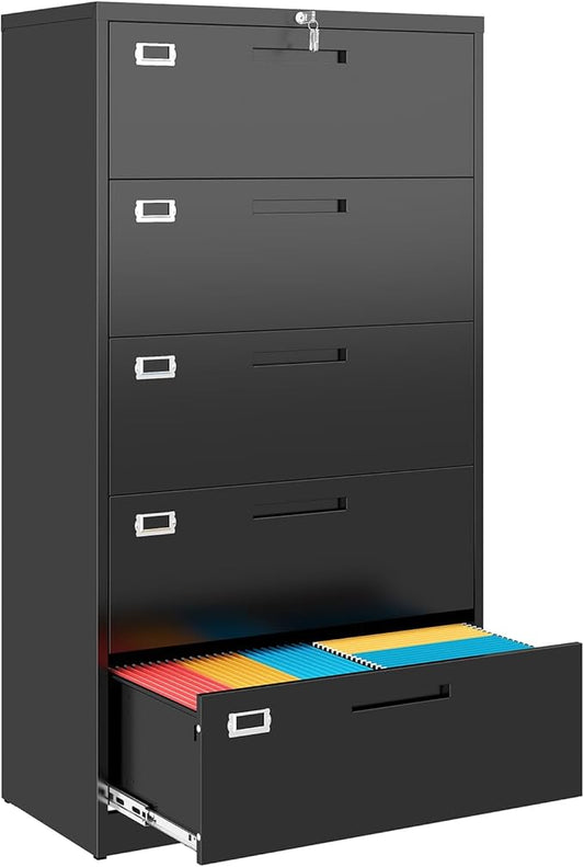 5 Drawer File Cabinet, Black Metal Lateral File Cabinet with Lock, Office Filing Cabinet for Legal/Letter/A4/F4 Size with Hanging Files, Lockable File Cabinets for Home Office