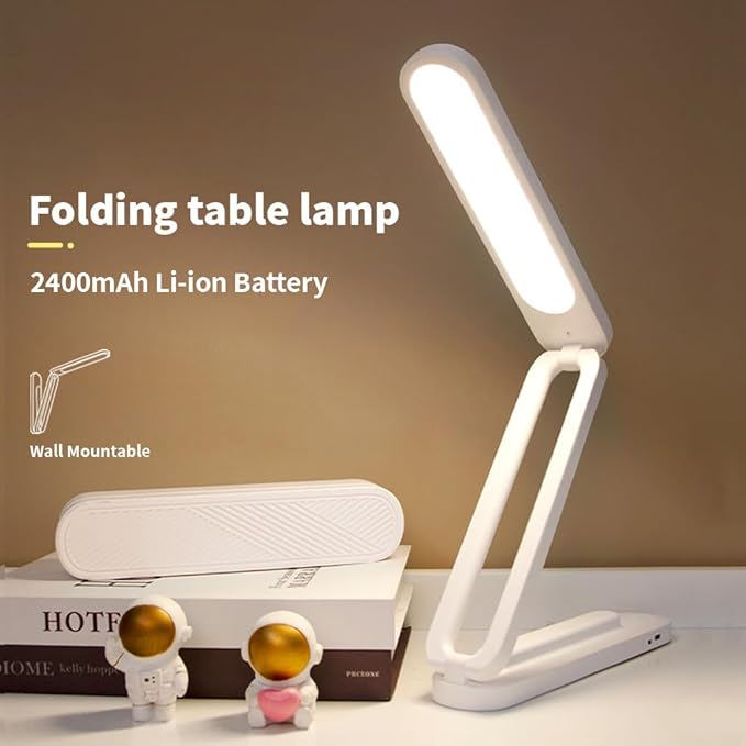Foldable LED Desk Lamp, Slim Rechargeable USB Table Light, 2400mAh Reading Lamps, 3 Color Modes & Stepless Dimming, Portable Small Desk Light for Office Home Dormitory