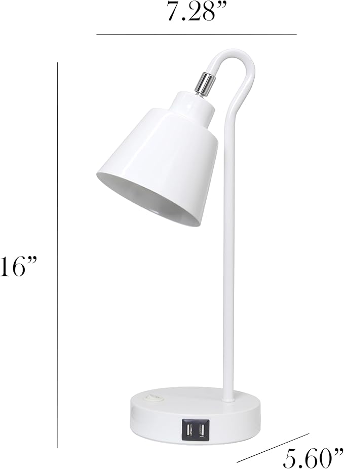Simple Designs LD1073-WHT 16" Sleek Essentials Metal Looped Desk Task Lamp with Adjustable Shade and Dual USB Ports, for Office, Desk, Nightstand, White