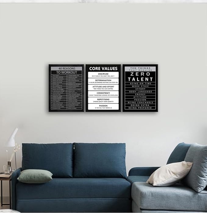 Inspirational Posters 40 Reasons to Workout Wall Art Core Values Pictures Motivational Canvas Painting Inspiring Positive Quotes Print Artwork Modern Home Decor Office Gym Framed[36" W X 16" H]