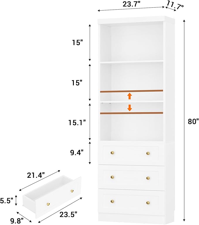Cyclysio 80" Bookshelf with 3 Drawers, Tall Bookcase with Thickened Top Panel and 3-Tier Open Shelves, Tall Storage Cabinet for Home Office, Living Room, White
