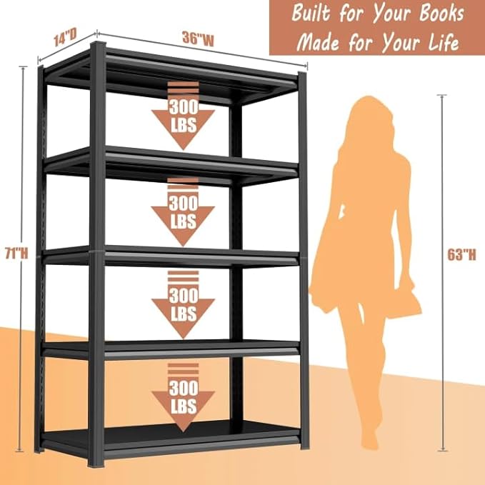 5 Tier Metal Bookshelf, 71"H Black Tall Bookcase, 1500LBS Heavy Duty Deep Book Shelf, Adjustable Industrial Wide Bookshelf, Modern Bolt-Free 5 Shelf Book Shelves for Living Room, Bedroom, Library