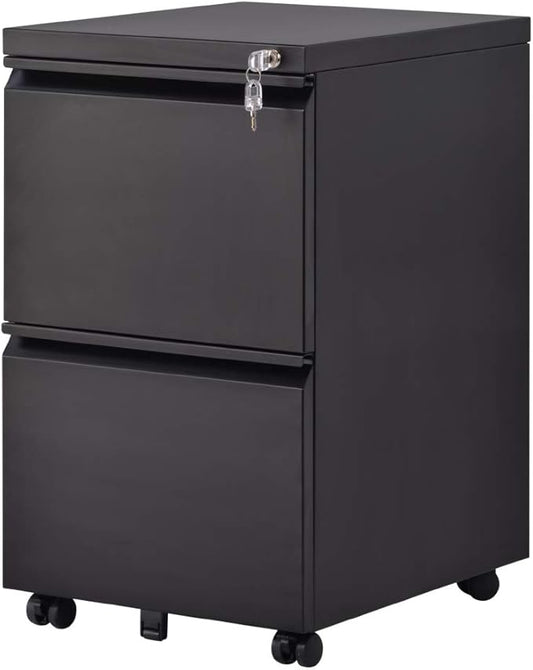 File Cabinet 2-Drawer Office Metal Pedestal Mobile File Organizer with Lock for Filing Supplies Storage, Use for Home Office and Enterprise, Fully Assembled (Black)