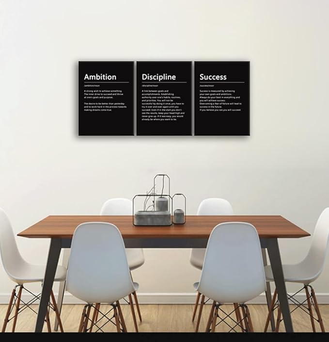 Inspirational Poster Home Wall Decor Motivational Canvas Painting Wall Art Ambition Discipline Success Noun 3 Pieces Positive Prints Picture Artwork School Office Decor Framed[36" W X 16" H]