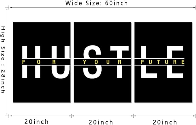 3 Panel Inspirational Office Wall Art - Black and White Canvas Painting Hustle For Your Future Motivational Poster Modern Entrepreneur Artwork Framed Print for Living Room Workplace Home, 20"x 28"x 3