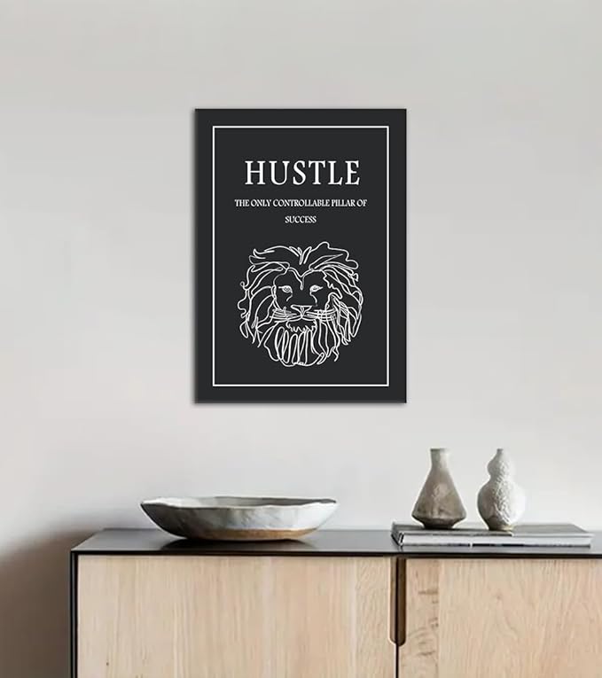 Inspirational Hustle Wall Art - Lion Head withEncouraging Quotes Canvas Print Motivational Wall Decor, Black and White Office Picturtes Success Posters for Living Room Home Workplace, Framed 12"x16"