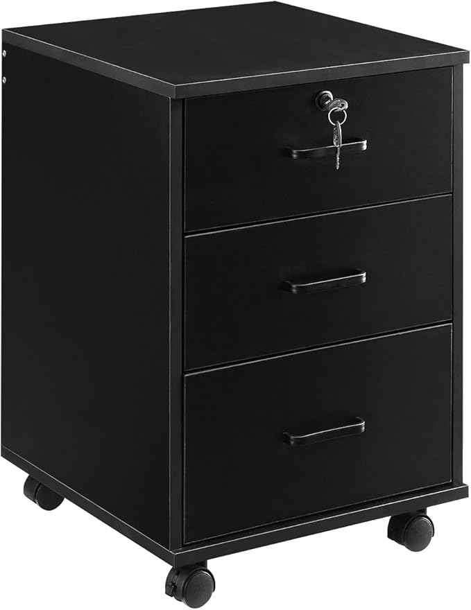 3 Drawer Mobile File Cabinet with Lock, Wooden Under Desk Filing Cabinet with Wheels, Small Rolling Storage Cabinet for Home Office Organizer A4/Letter Size/Legal, Black