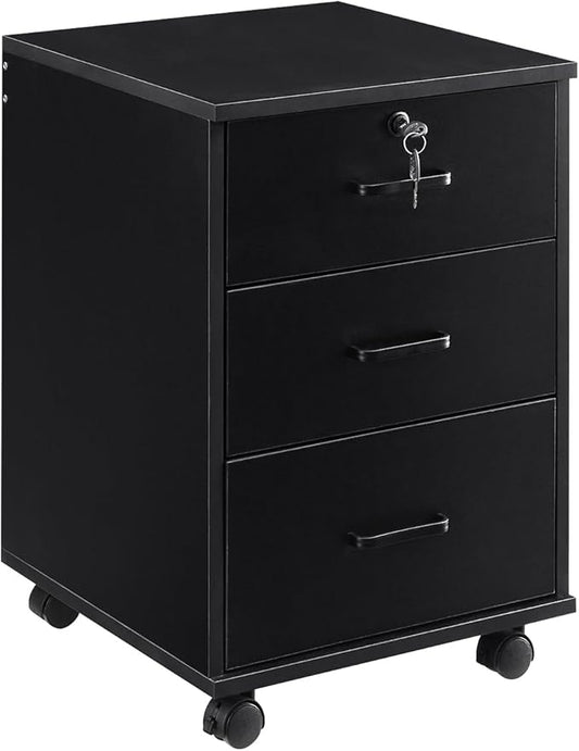 3 Drawer Mobile File Cabinet with Lock, Wooden Under Desk Filing Cabinet with Wheels, Small Rolling Storage Cabinet for Home Office Organizer A4/Letter Size/Legal, Black