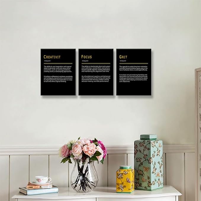 Inspirational Wall Art CREATIVITY FOCUS GRIT Noun Psychological Traits that Drive Success 3 Pieces Positive Quotes Poster Motivational Wall Decor for Office Home Bedroom Workplace [36''Wx 16''H]