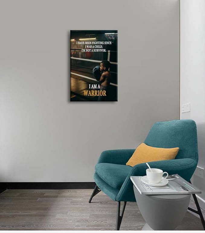 Motivational Wall Art I Am A Warrior Fighter Spirit Motivational Wall Decor for Boxing Gym Sports Room Home Bedroom Inspirational Boxing Poster Framed [24" W X 36" H]