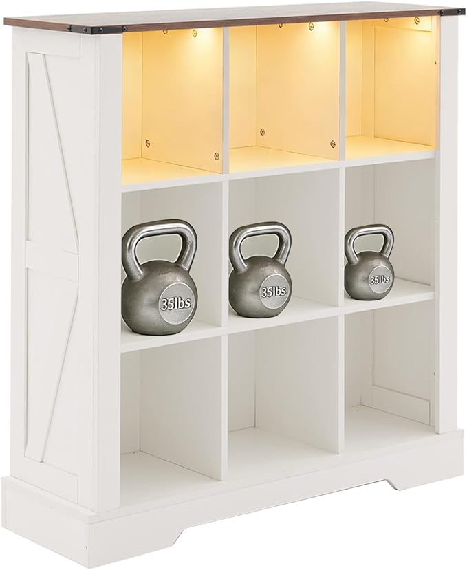 9 Cube Storage Organizer, 3 Tier Book Shelf with Led Lights, Farmhouse Book Shelves for Living Room, Horizontal Toy Storage Bookshelf, Wood Display Bookcase Cabinet for Bedroom, Office, White