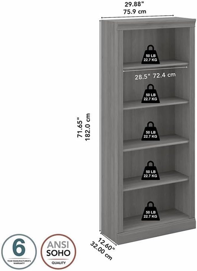 Bush Home Saratoga Tall 5 Shelf Bookcase in Modern Gray, Home Office Organizer, Vertical Storage Solution for Books and Office Supplies, Tall Bookshelf