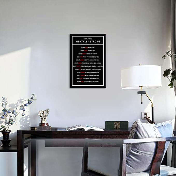 WYJZDZQ8 Inspirational Office Canvas Wall Art Poster Motivational Pictures Canvas Painting How To Be Mentally Strong Print Poster Artwork Wooden Home Decor Room Framed Ready to Hang[12''W X 18''H]