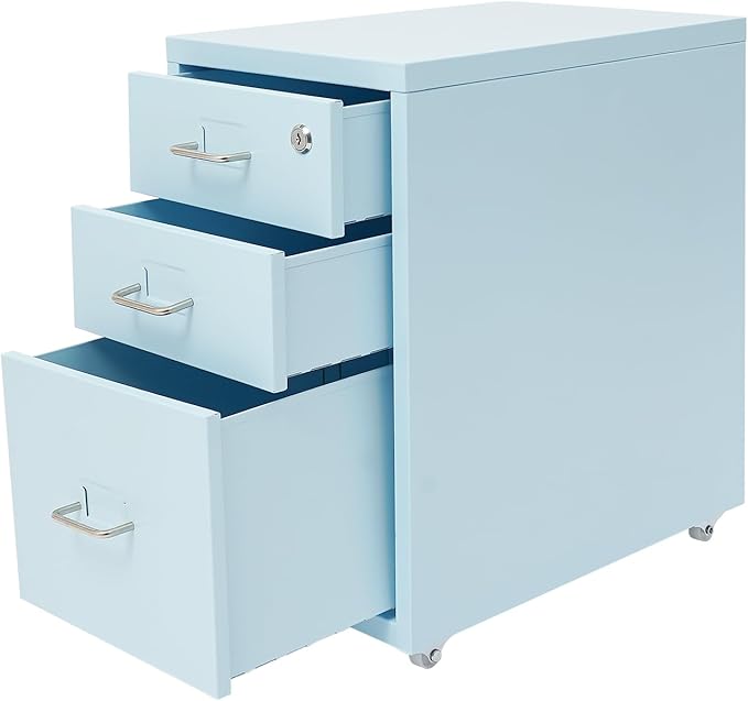 Vertical File Cabinets | 3 Drawer File Cabinet with Wheels| Steel Lockable Storage Cabinets | Metal S-torage Cabinet for Home Office | Storage A4/F4/Letter/Legal (Blue-3 Drawers)