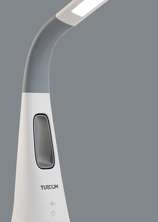 Turcom LED Desk Lamp with Fan, Cool Breeze Lamp with Bladeless Fan with Adjustable Neck, 3 Speeds and 5 Brightness Levels, White
