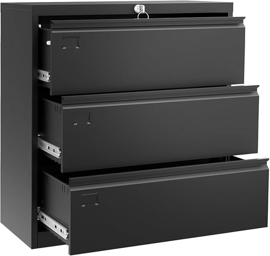 3-Drawer Lateral File Cabinet with Lock, 52"H Metal Filing Cabinet for Home Office & Business Use – for Letter, Legal, A4, F4 Files, 320 LB Weight Capacity,Easy to Assemble (Black, 3 Drawer)
