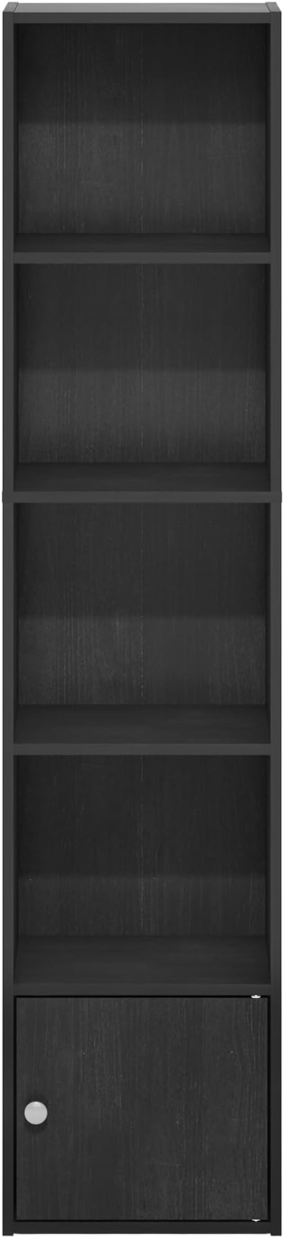 Furinno LUDER Book Shelf, 5-Tier Modern Bookshelf, Bookcase with 1 Door Storage Cabinet, 9.3 x 12 x 52,for Organization and Storage, for Living Room, Bedroom, Home Office, Blackwood