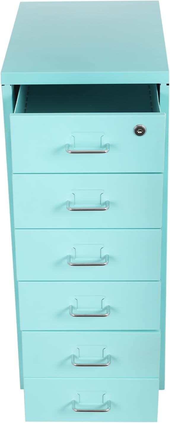 6 Tiers Vertical File Cabinet, Metal File Cabinet with Lock & Wheels for Files, Documents, Freestanding Filing Cabinet for Office Home, Multiple Colors Available (Light Blue)