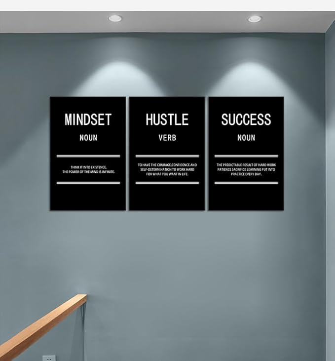 Inspirational Canvas Wall Art Mindset Hustle Success Office 3 Panel Print Motivational Poster Painting Modern Inspiring Artwork for Home Living Room BedRoom Gym Decor Ready to Hang [48''Wx 24''H]