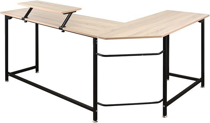 L-Shaped Computer Study Corner Desk with Monitor Stand Shelf CPU Stand, PC Laptop Gaming Desk 66” Workstation for Home Office Writing Table, Wood & Metal, Space-Saving
