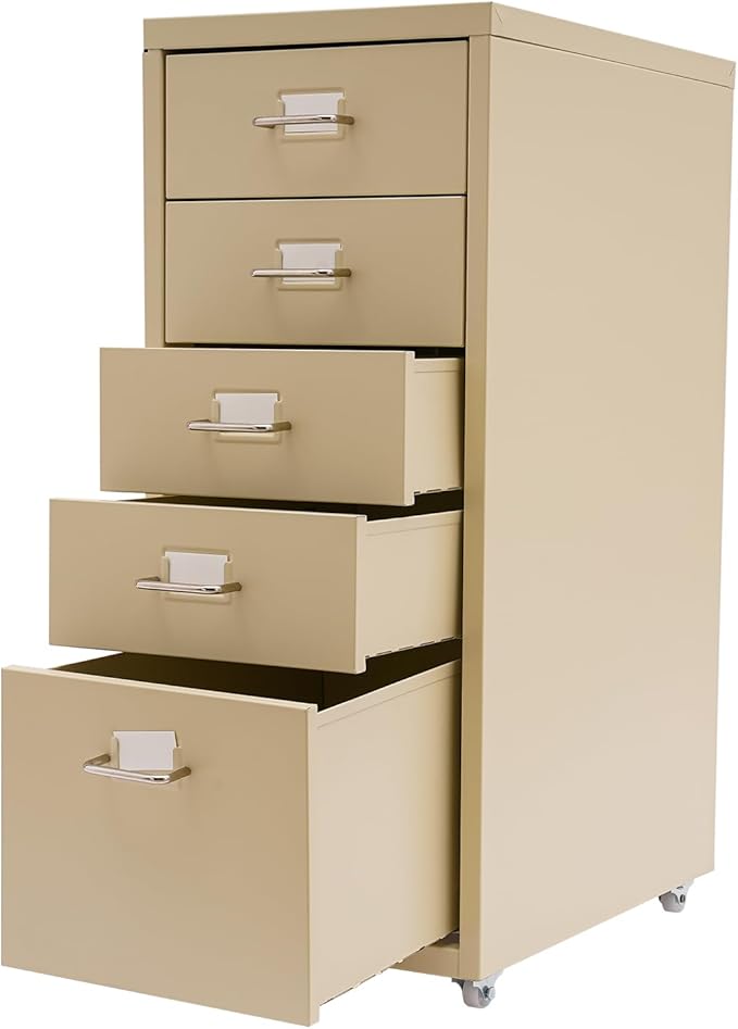Metal File Storage Cabinet,Side Storage Organizer,Freestanding Storage Unit,Metal Garage Storage Drawers,Storage Cabinet with 5 Drawers and Wheels for Office,Home,School，Beige,11*16.1*27.1in