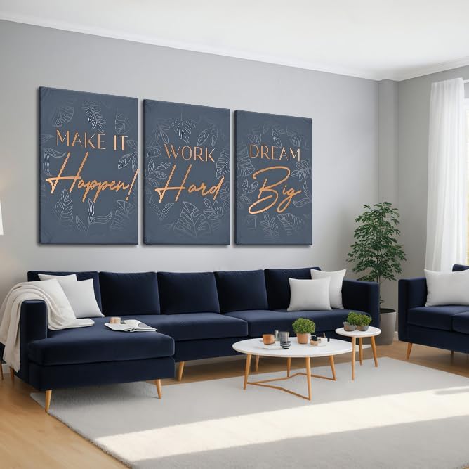 Set of 3 Inspirational Quotes Wall Art, Dream Big Work Hard Make It Happen Canvas Print Positive Office Poster Motivational Wall Decor Inspiring Picture Entrepreneur Painting Artwork, Framed 24"x36"x3