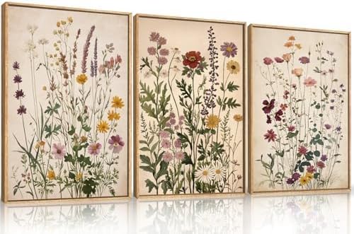 Vintage Wildflower Watercolor Framed Canvas Wall Art Set, Retro Flower Botanical Wall Decor, Colorful Floral Wall Painting, Flower Illustration Art Prints for Living Room, Bedroom 24"x36"x3