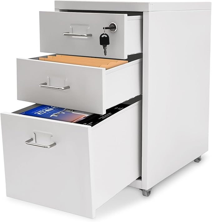 3 Drawer File Cabinet, Lockable Small Filing Cabinet for Home Office, with Wheels, Fits A4 / Letter Size, Steel Office File Cabinets (White)
