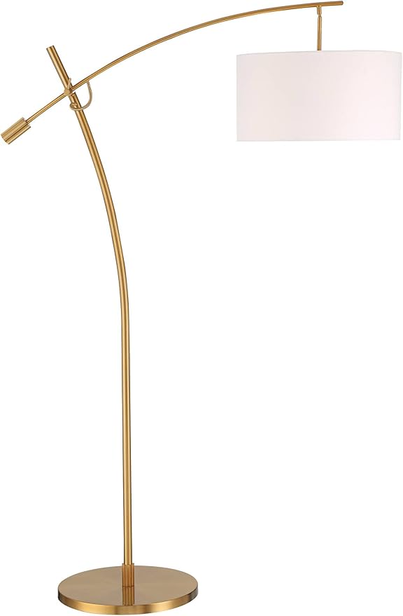 Possini Euro Design Raymond Modern Arc Floor Lamp 69" Tall Warm Gold Metal Adjustable Boom Arm White Linen Drum Shade Decor for Living Room Reading House Bedroom Home Office House