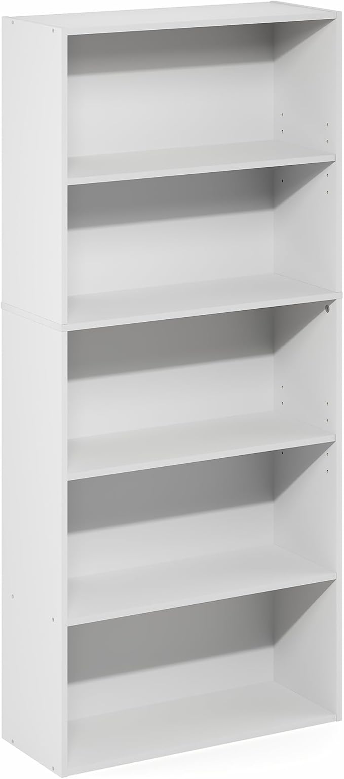 Furinno Jaya Book Shelf, 5-Tier Bookshelf, 52 Inch Tall Standing Bookcase with Adjustable Shelf, 9.5 x 23.6 x 52.6, for Home Office, Bedroom, Living Room, White