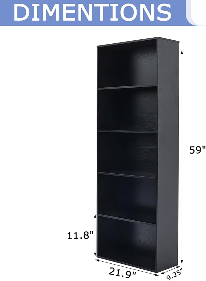 Bookshelves and Bookcases,5-Tier Open Storage Shelf, Floor Standing Display Storage Shelves for Home Office, Living Room, Bedroom, Black