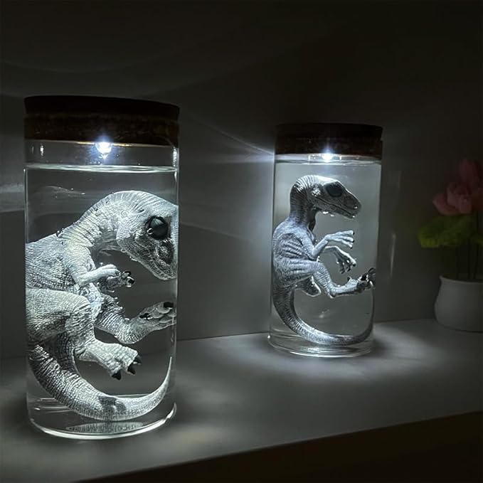 Dinosaur Specimen Jar Night Light, Realistic Raptor Figurine in Glass Bottle, LED Decor for Home/Desk (Velociraptor)
