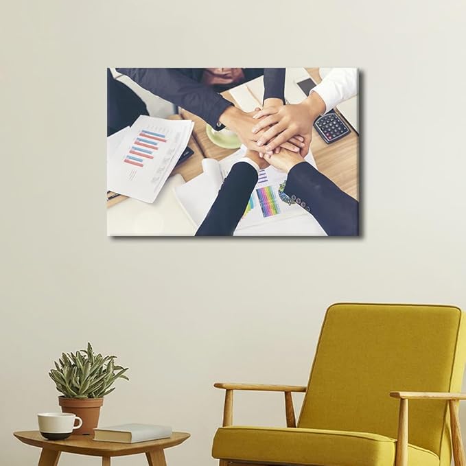 Wall Art For Office Hands Stack of Teamwork Holding Hands Together Over Conference Table 1 Panel Inspirational Wall Art Positive Modern Decor Poster Canvas Print (16"Wx24"H)