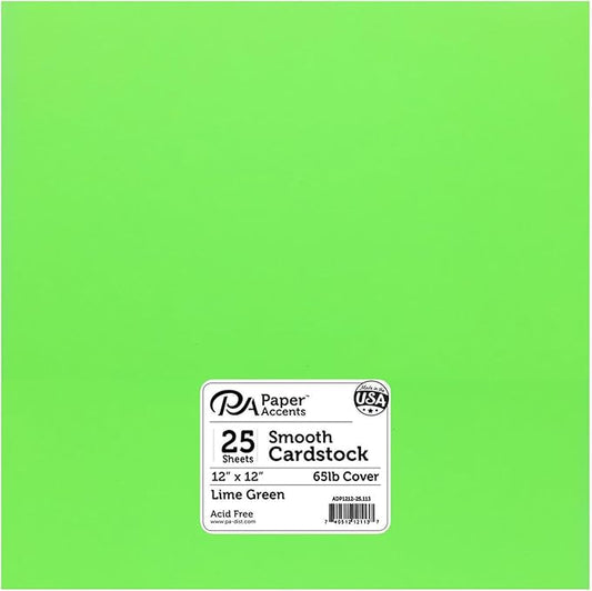 PA Paper Accents Smooth Cardstock 12" x 12" Lime Green, 65lb colored cardstock paper for card making, scrapbooking, printing, quilling and crafts, 25 piece pack