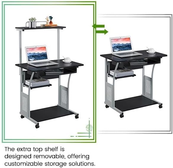 Yaheetech 2 Tier Mobile Computer Desk with Printer Shelf & Keyboard Tray Rolling Computer Table for Small Spaces, Compact Study Workstation with Wheels, Space Saving, Black