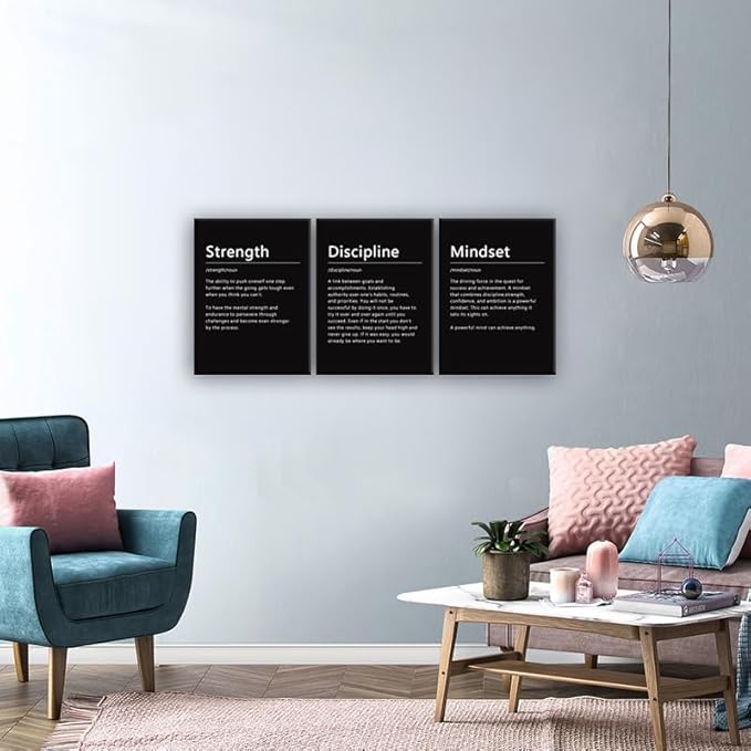 Strength Discipline Mindset Noun Inspirational Painting Wall Art 3 Pieces Canvas Print Office Wall Decor Poster Inspiring Framed Motivational Quotes for Wall Art Decoration Ready to Hang[36''Wx 16''H]