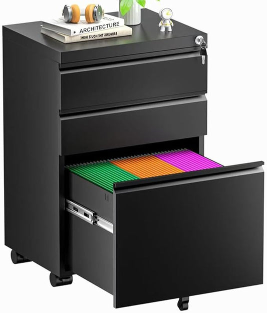 Superday File Cabinet 3 Drawer, Fully Assembled Metal Rolling Vertical Filing Cabinet with Wheels, Small Under Desk File Cabinets for Home Office (Black)