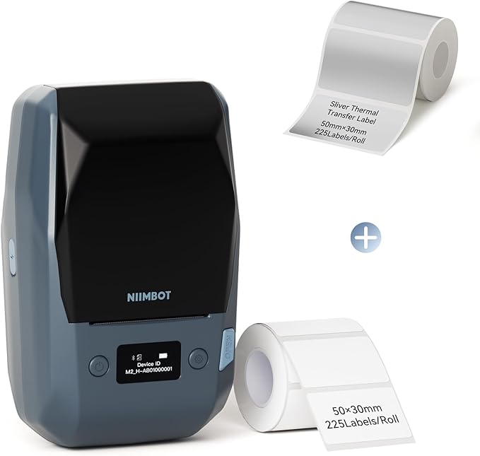 NIIMBOT M2 Thermal Transfer 2Inch Bluetooth Label Maker with 50×30mm Silver Label Tape for Office Small Business School Home Cable Storage, Compatible with Phones & PC