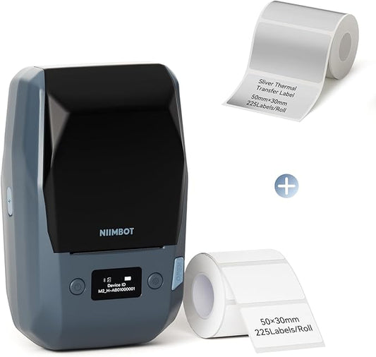 NIIMBOT M2 Thermal Transfer 2Inch Bluetooth Label Maker with 50×30mm Silver Label Tape for Office Small Business School Home Cable Storage, Compatible with Phones & PC